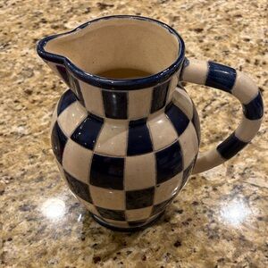 Checkered Blue and Cream Ceramic Pitcher. Excellent Condition.